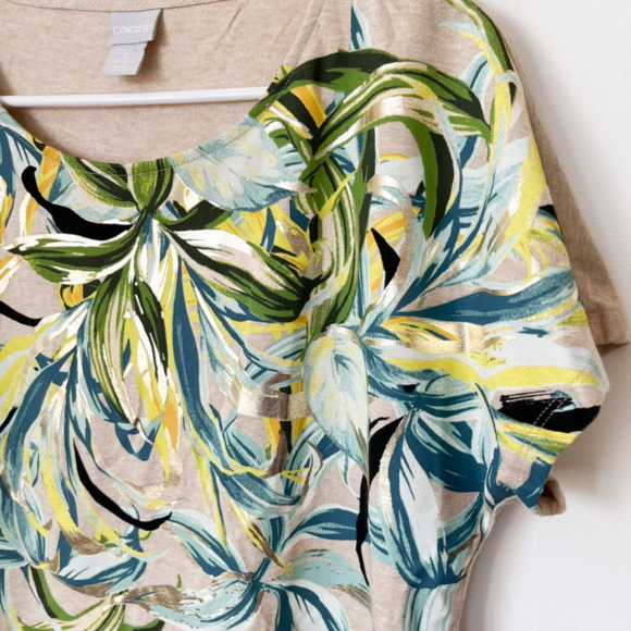 Chico's Tan Tropical Floral Metallic Short Sleeve Tee Top Womens Small - Picture 9 of 9